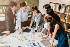 Product managers and executives brainstorming on a new product roadmap