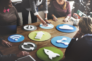 a team of executives in deep discussion for the product roadmap process