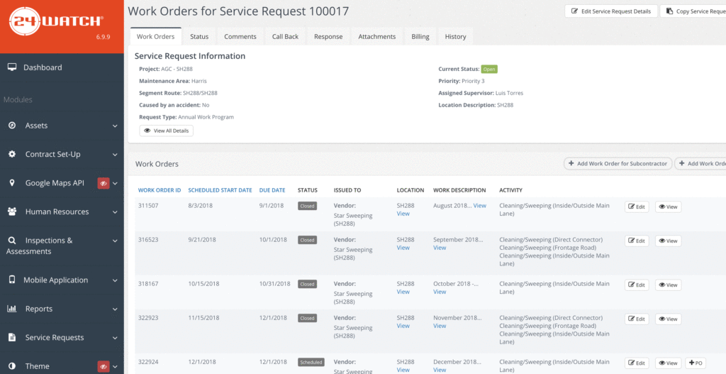 view of orases jamms work order for service request