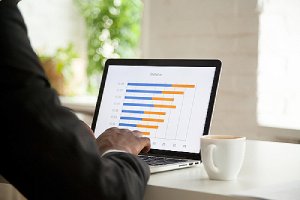 A SaaS product owner analyzing monthly sales stats on laptop screen