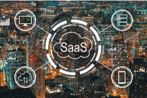 software as a service concept with downtown chicago cityscape skyscrapers
