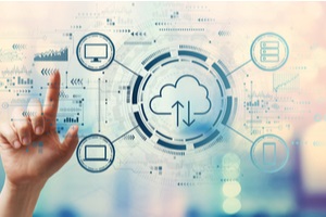 cloud computing with hand pressing a button on a technology screen