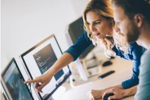 employees working on business management software
