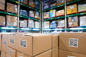 a supply chain of boxes packed together in a warehouse loading bay