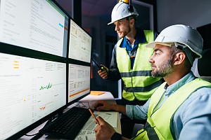 two factory technicians looking over project metrics using erp software to report on a phone