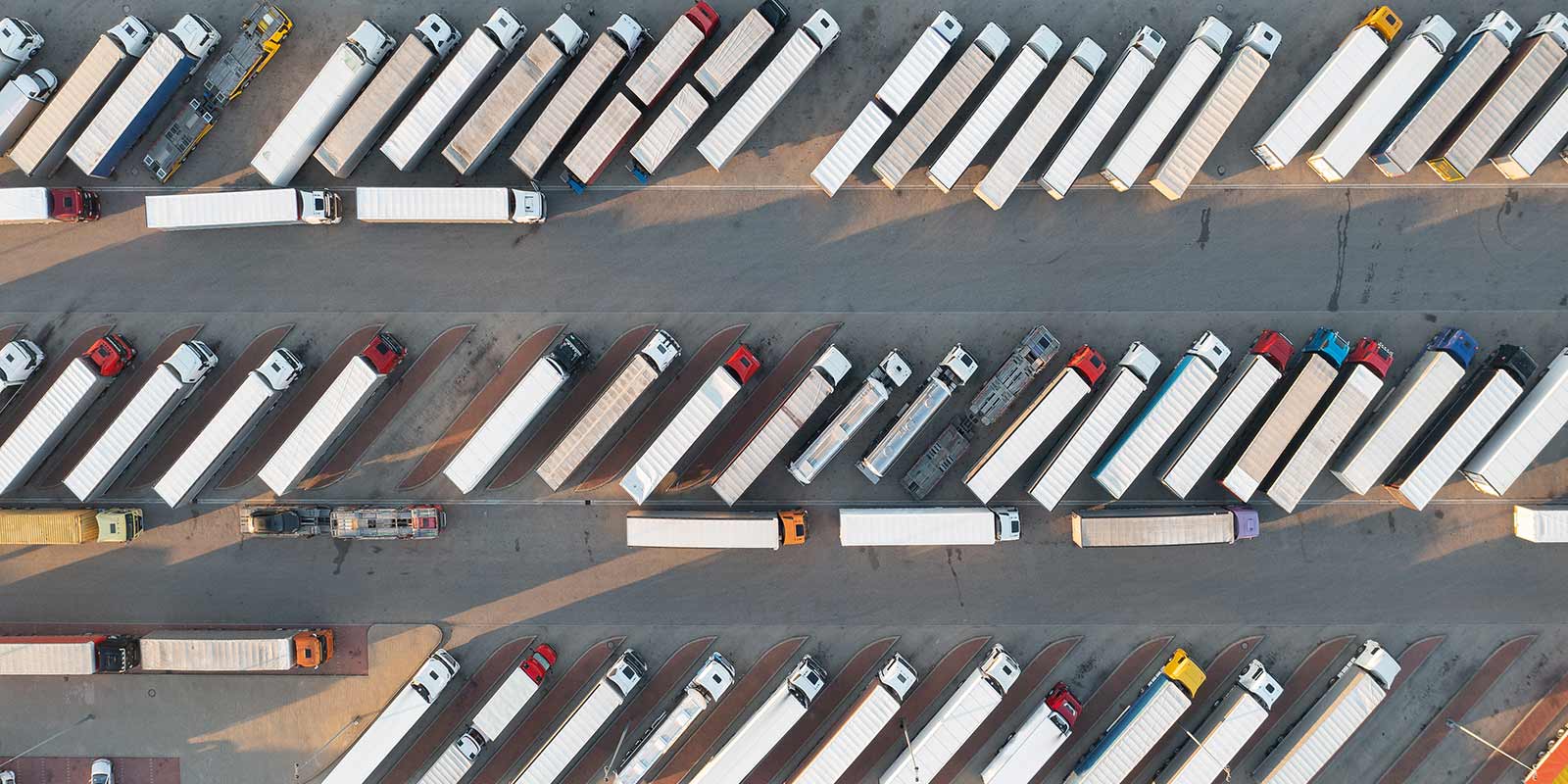 fleet of eighteen wheeler trucks carrying cargo along a busy street