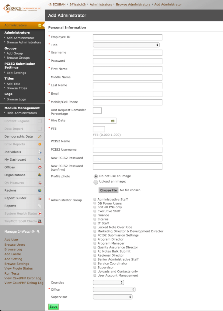 Service Co ordination CMS Add Administrator