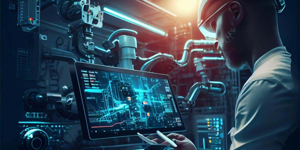 robotic process automation engineer using laptop for smart factory automation software