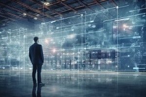 man looking at big virtual screen before legacy system modernization