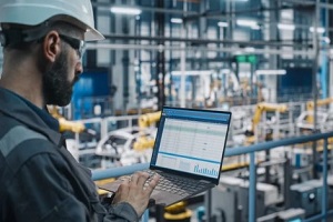 man operating laptop in factory
