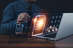 man working on laptop exploring databases