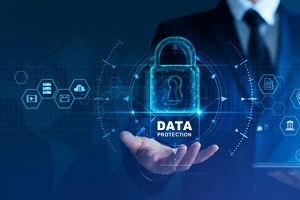 data protection concept with businessman in background