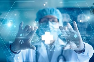 doctor with ai health on virtual claims management software screen