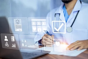 doctor writing on papers with virtual screen