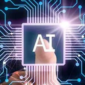 Vector of hand hovering over AI chip depicting AI in manufacturing resized