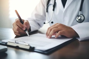 male doctor fills medical chart with patient information
