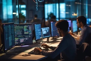 scene showcasing a team of software developers coding, collaborating, and testing applications in a modern development environment