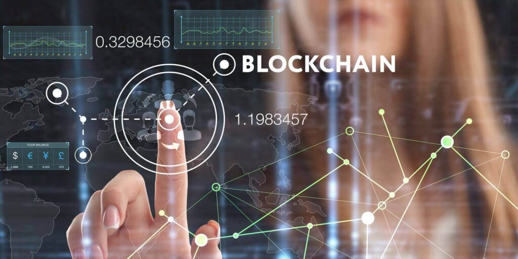young entrepreneur working on a virtual screen of the future and sees the inscription blockchain