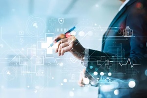 businessman analyzing graph data and growth of healthcare claims management software on network medical
