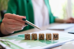 woman pointing with pen on word claim made with wooden cubes in row