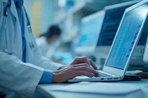 the transition to electronic health records (EHR) with an image depicting healthcare professionals accessing and updating patient records digitally