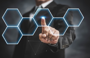 businessman touching on screen with influencer marketing strategy symbol