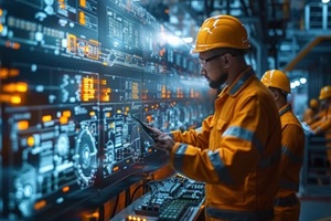 industrial engineers use manufacturing crm software to visualize the wall of big data statistics