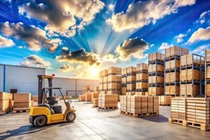 serene warehouse yard with rows of stacked crates