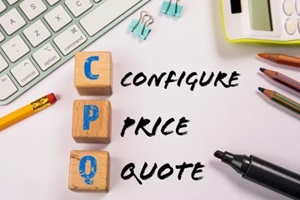 CPQ - Configure Price Quote. Wooden blocks on a white office table
