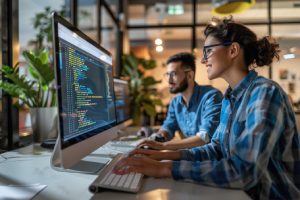 Programmers developing new features for software