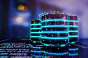 relational database tables on databases are placed on Structured Query Language code with server room background