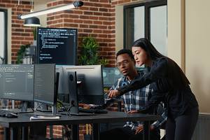two company employees working together using desk computer
