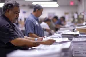 workers sorting and organizing documents in a busy office environment