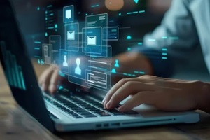 businessman managing document files on laptop enterprise resource planning erp system concept