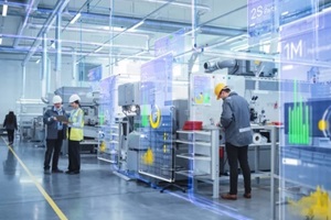 two industrial engineers use laptop computer, big data statistics visualization