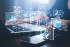 businessman working on laptop and touch screen Online documentation database