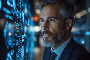 thoughtful businessman scrutinizes intricate data visualizations on a futuristic interface