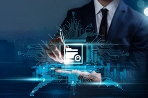 businessman touching the technology smart solutions and integration of data searching for business and marketing
