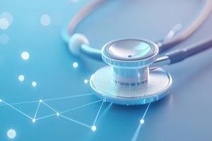 close-up of a stethoscope on a blue background with a network connection