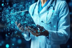 doctor holding glowing tablet with data