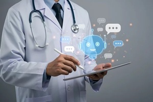 doctor using AI chatbot on tablet for healthcare communication