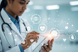 female doctor using a tablet displaying medical icons