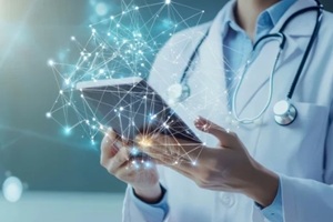 healthcare professional using tablet to explore AI chatbots