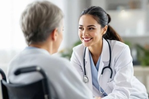 smiling doctor interacting with elderly patient in bright setting