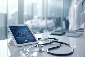 stethoscope, tablet displaying medical data, hospital reception desk, modern sleek design